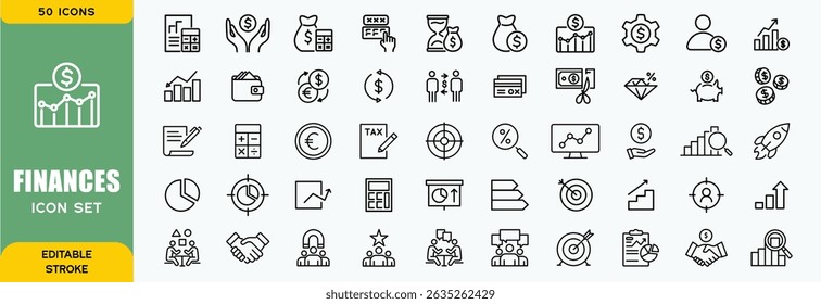 Finance line icons set. Money payments elements outline icons collection. Payments elements symbols. Currency, money, bank, cryptocurrency, check, wallet, piggy, balance, safe - stock vector