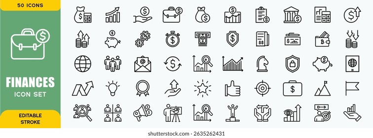 Finance line icons set. Money payments elements outline icons collection. Payments elements symbols. Currency, money, bank, cryptocurrency, check, wallet, piggy, balance, safe - stock vector