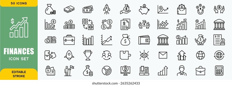 Finance line icons set. Money payments elements outline icons collection. Payments elements symbols. Currency, money, bank, cryptocurrency, check, wallet, piggy, balance, safe - stock vector
