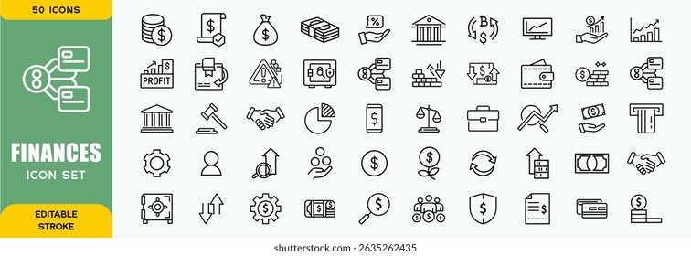 Finance line icons set. Money payments elements outline icons collection. Payments elements symbols. Currency, money, bank, cryptocurrency, check, wallet, piggy, balance, safe - stock vector