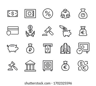 Iconos de línea de financiación establecidos. Elementos vectoriales de trazo para el diseño moderno. Pictogramas simples para concepto móvil y aplicaciones web. Iconos de línea de vectores aislados en un fondo blanco. 