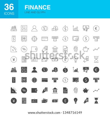 Finance Line Web Glyph Icons. Vector Illustration of Money Outline and Solid Symbols. 