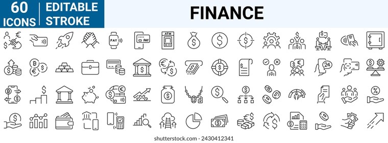 Finance line web icons Money and Coins. Cash, Credit Cards, Money Bag, Containing banking, Investment, income, accounting, money, loan. Editable stroke.