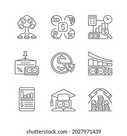 Finance linear icons set. Money investment. Business report. Project revenue. Financial literacy. Customizable thin line contour symbols. Isolated vector outline illustrations. Editable stroke