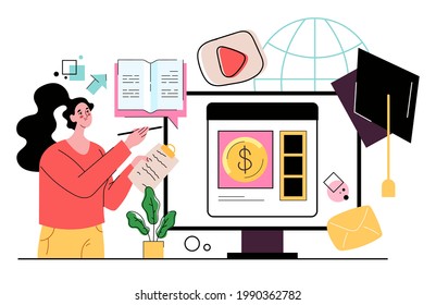 Finance literacy education learning economic courses. Business school university lecture abstract concept. Modern style flat cartoon graphic illustration