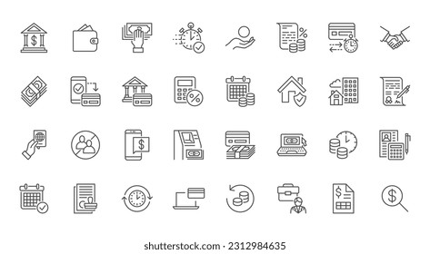 Finance loan line icons set. Cash, purse, atm, transaction, handshake, agreement, interest rate, schedule, mortgage visualization vector illustration. Outline signs of Bank service. Editable Stroke