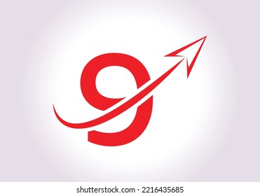 Finden Sie Logo mit 9 Buchstaben Konzept. Logo für Marketing und Finanzunternehmen. Modernes Vektorlogo für Marketing Growth Arrow und Firmenidentität