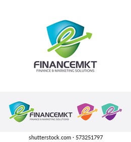 Finance logo design. Arrow, Shield, Protection, Letter e, Finance and Insurance logo concept. Vector logo template