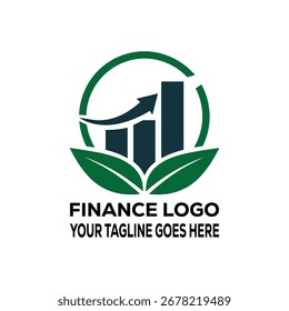 Diseño de logotipos de finanzas: gráfico de barras verdes con flecha ascendente y hojas, icono de crecimiento e inversión de negocios ecológicos
