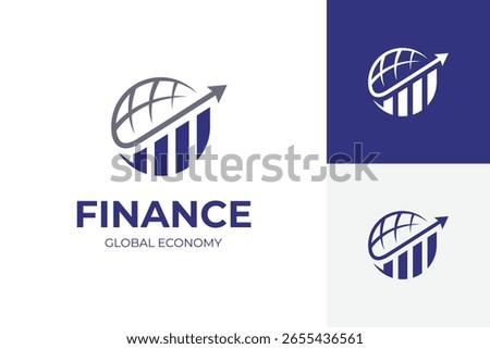 Finance Logo with Global Arrow and Bar Chart Concept for financial growth, international economy, economic consultants and global business development.
