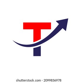Finance Logo With T Letter Concept. Marketing And Financial Business Logo. Letter T Financial Logo Template With Marketing Growth Arrow