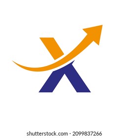 Logotipo Financiero Con Concepto De Letra X. Logo De Marketing Y Negocios Financieros. Plantilla de logotipo financiero de la letra X con flecha de crecimiento de marketing