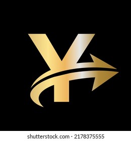 Logo de Finanzas con Y Letter Concept. Logo De Marketing Y Negocios Financieros. Plantilla de logotipo financiero de Y con flecha de crecimiento de marketing