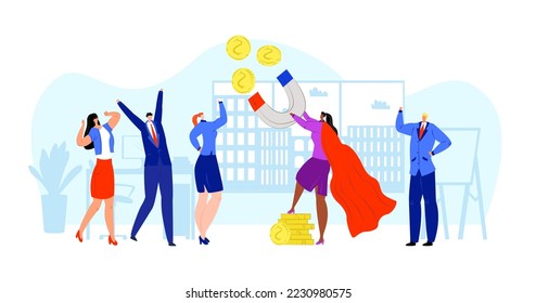 Finance magnet for business dollar investment, vector illustration. Man woman people character attract money, cartoon financial rich income.
