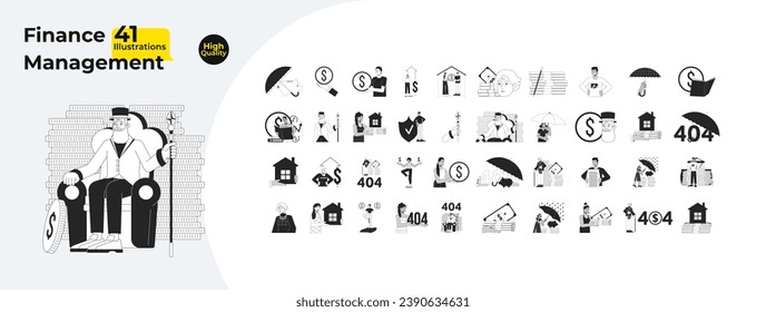 Finance management black and white 2D illustration concepts bundle. Money people diverse cartoon outline characters isolated on white. Mortgage home, piggy metaphor monochrome vector art collection