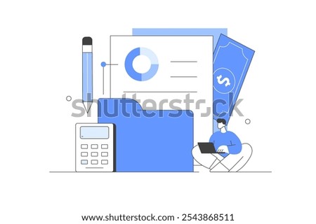 Finance management. Character managing finances. Business accounting, organization and audit concept. Flat Cartoon Vector Illustration, icon. Stylish, Minimalist Modern
