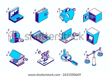 Finance management concept 3d isometric icons set for web isometry design. Collection elements of graphs, finance, piggy bank, banking safe, money, calculator, credit card, more. Vector illustration.