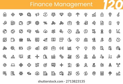 Finance management icon set featuring budgeting, accounting, investment, savings, analytics and money control symbols perfect for apps, dashboards and business design.