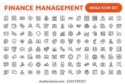 Conjunto de Ícones do Finance Management. Ícones profissionais e elegantes para orçamento, controle de despesas e gerenciamento de investimentos, ideais para aplicativos financeiros, ferramentas e plataformas.