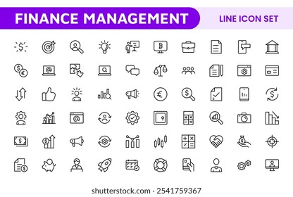 Conjunto de Ícones do Finance Management. Ícones profissionais e elegantes para orçamento, controle de despesas e gerenciamento de investimentos, ideais para aplicativos financeiros, ferramentas e plataformas.