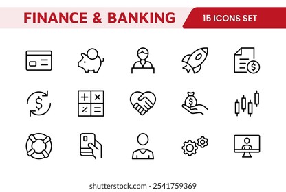 Conjunto de Ícones do Finance Management. Ícones profissionais e elegantes para orçamento, controle de despesas e gerenciamento de investimentos, ideais para aplicativos financeiros, ferramentas e plataformas.
