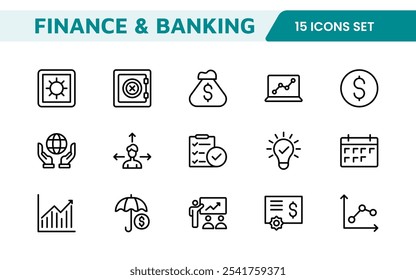 Finance Management Icon Set. Professional and sleek icons for budgeting, expense tracking, and investment management, ideal for finance apps, tools, and platforms.
