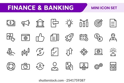 Finance Management Icon Set. Professional and sleek icons for budgeting, expense tracking, and investment management, ideal for finance apps, tools, and platforms.