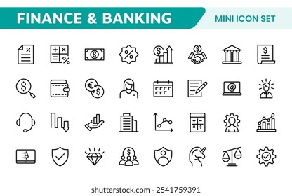 Conjunto de iconos de gestión financiera. Profesional e íconos elegantes para presupuestos, seguimiento de gastos y gestión de inversiones, ideales para App financieros, herramientas y plataformas.