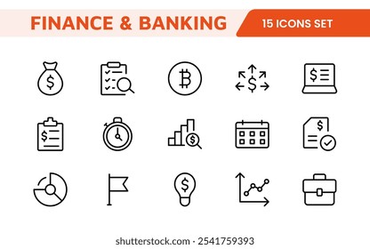 Finance Management Icon Set. Professional and sleek icons for budgeting, expense tracking, and investment management, ideal for finance apps, tools, and platforms.
