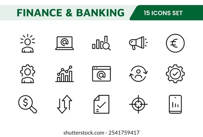 Conjunto de iconos de gestión financiera. Profesional e íconos elegantes para presupuestos, seguimiento de gastos y gestión de inversiones, ideales para App financieros, herramientas y plataformas.