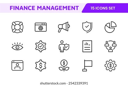Finance Management Icon Set. Professional and sleek icons for budgeting, expense tracking, and investment management, ideal for finance apps, tools, and platforms.