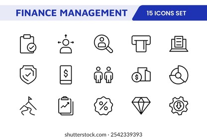 Conjunto de Ícones do Finance Management. Ícones profissionais e elegantes para orçamento, controle de despesas e gerenciamento de investimentos, ideais para aplicativos financeiros, ferramentas e plataformas.