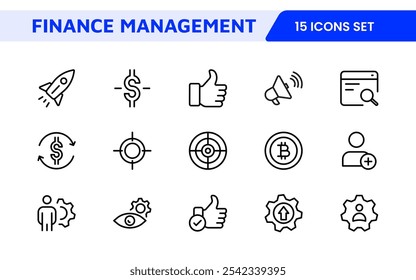 Finance Management Icon Set. Professional and sleek icons for budgeting, expense tracking, and investment management, ideal for finance apps, tools, and platforms.