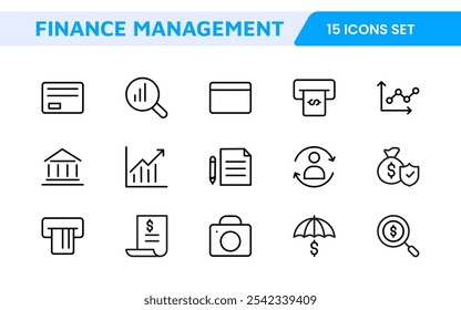 Finance Management Icon Set. Professional and sleek icons for budgeting, expense tracking, and investment management, ideal for finance apps, tools, and platforms.