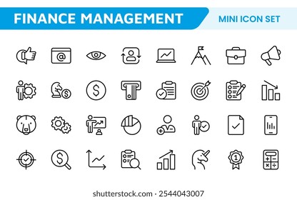 Conjunto de iconos de gestión financiera. Profesional e íconos elegantes para presupuestos, seguimiento de gastos y gestión de inversiones, ideales para los App de finanzas.