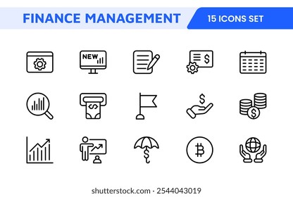 Conjunto de iconos de gestión financiera. Profesional e íconos elegantes para presupuestos, seguimiento de gastos y gestión de inversiones, ideales para los App de finanzas.