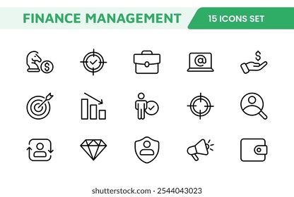 Conjunto de iconos de gestión financiera. Profesional e íconos elegantes para presupuestos, seguimiento de gastos y gestión de inversiones, ideales para los App de finanzas.