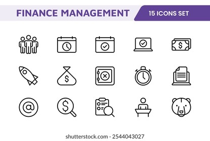 Finance Management Icon Set. Professional and sleek icons for budgeting, expense tracking, and investment management, ideal for finance apps.