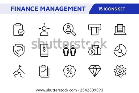 Finance Management Icon Set. Professional and sleek icons for budgeting, expense tracking, and investment management, ideal for finance apps, tools, and platforms.