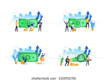 Finance management illustration set. People holding dollar banknote, sitting on stack of coins, investing money. Finance concept. Vector illustration for posters, presentations, landing pages