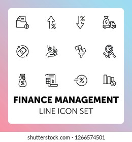 Finance management line icon set. Cash delivery vehicle, funnel, report. Money concept. Can be used for topics like investment, earning, income