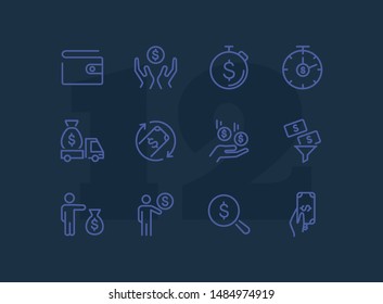 Finance management line icon set. Purse, earning, loan. Money concept. Can be used for topics like business, investment, saving, charity