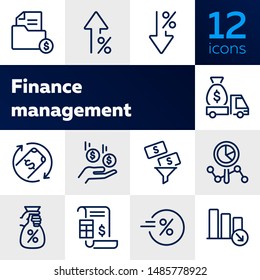 Finance management line icon set. Cash delivery vehicle, funnel, report. Money concept. Can be used for topics like investment, earning, income