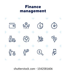 Finance management line icon set. Purse, earning, loan. Money concept. Can be used for topics like business, investment, saving, charity