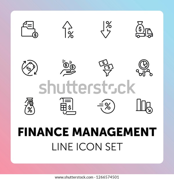 Finance management line icon set. Cash delivery\
vehicle, funnel, report. Money concept. Can be used for topics like\
investment, earning,\
income
