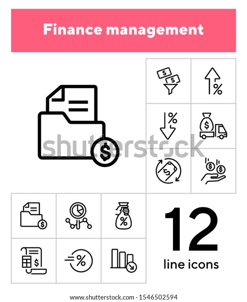 Finance management line icon set. Cash delivery\
vehicle, funnel, report. Money concept. Can be used for topics like\
investment, earning,\
income