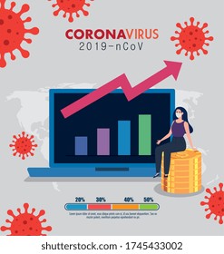 finance management recovery of market after covid 19, business woman with computer and infographic vector illustration design