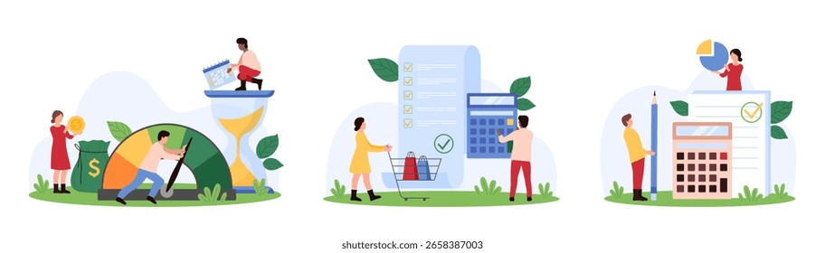 Gestión financiera, conjunto de análisis de informes. Las personas pequeñas mejoran el rendimiento financiero, de malo a bueno usando el velocímetro, calculan los costos y los gastos con la Ilustración vectorial de dibujos animados de la calculadora