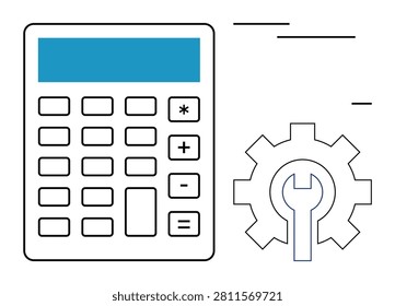 Finance management, technical optimization, business solutions, accounting processes, digital tools, productivity. Calculator next to a gear with a wrench inside. Finance management and technical