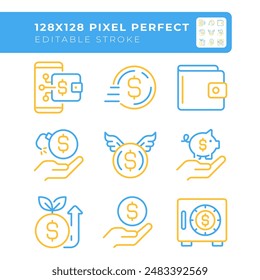 Finance management two color line icons set. Icons with dollar sign. Money transfer. Mobile banking bicolor outline iconset isolated. Duotone pictograms thin linear. Editable stroke